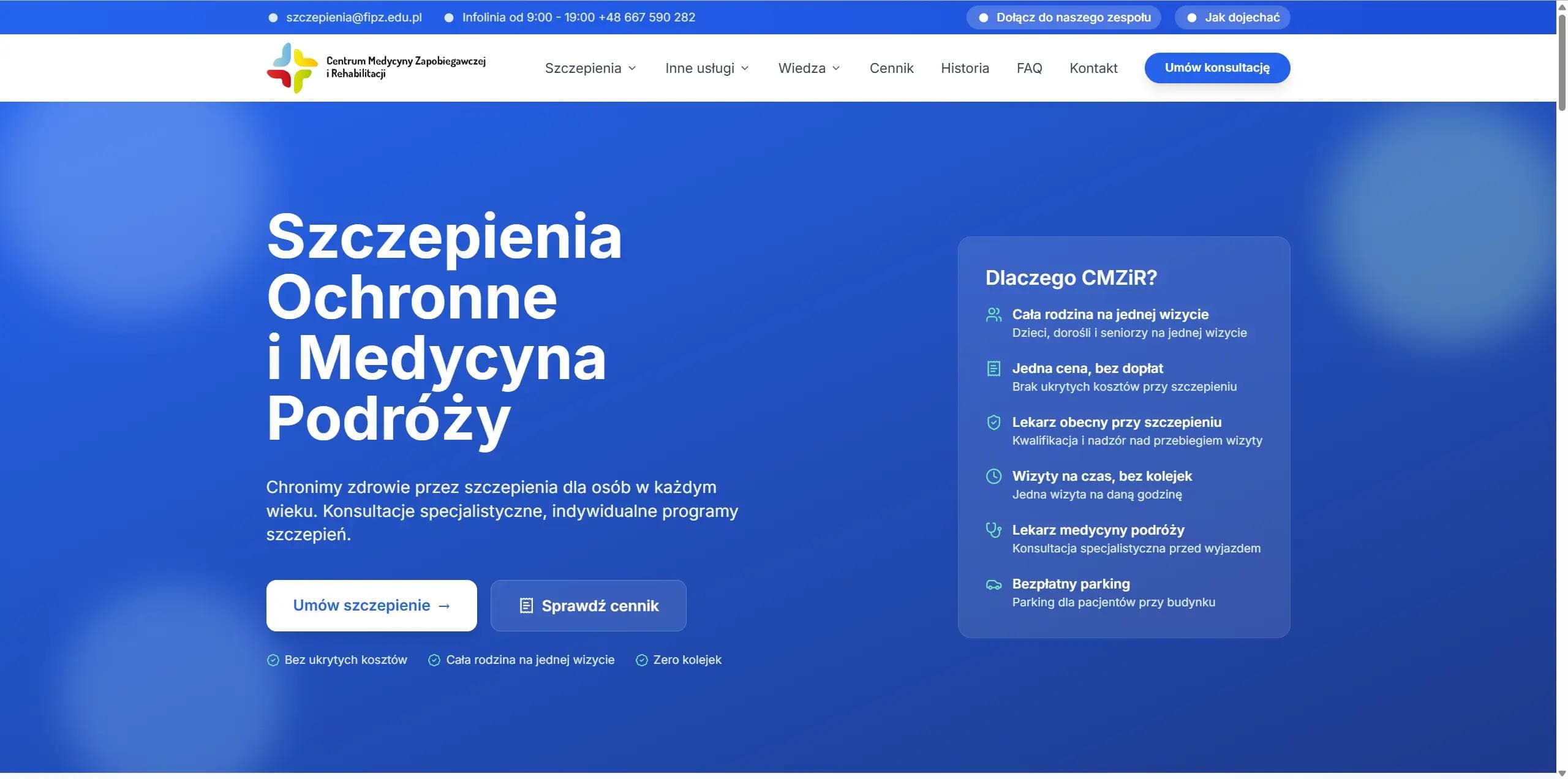 Strona główna serwisu CMZiR z hasłem o szczepieniach ochronnych i medycynie podróży oraz panelem z powodami wyboru placówki.